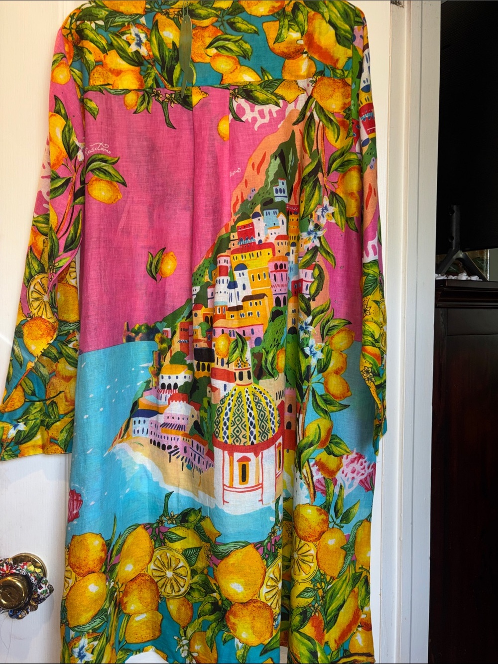 ANTICA SARTORIA MULTICOLORED 4 BUTTON DOWN COTTON DRESS LEMON AND VILLAGE PRINT - Picture 8 of 12